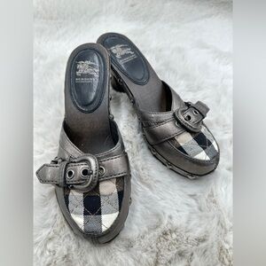 Burberry Brown Leather Heeled Clogs Quilted Plaid Vamp 37 US 7 Vintage 2001 nova